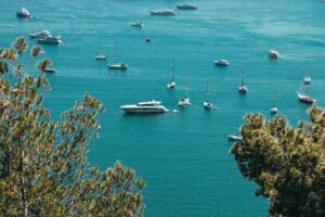Scenic view of yachts anchored in the blue waters of Saint-Jean-Cap-Ferrat along the French Riviera.